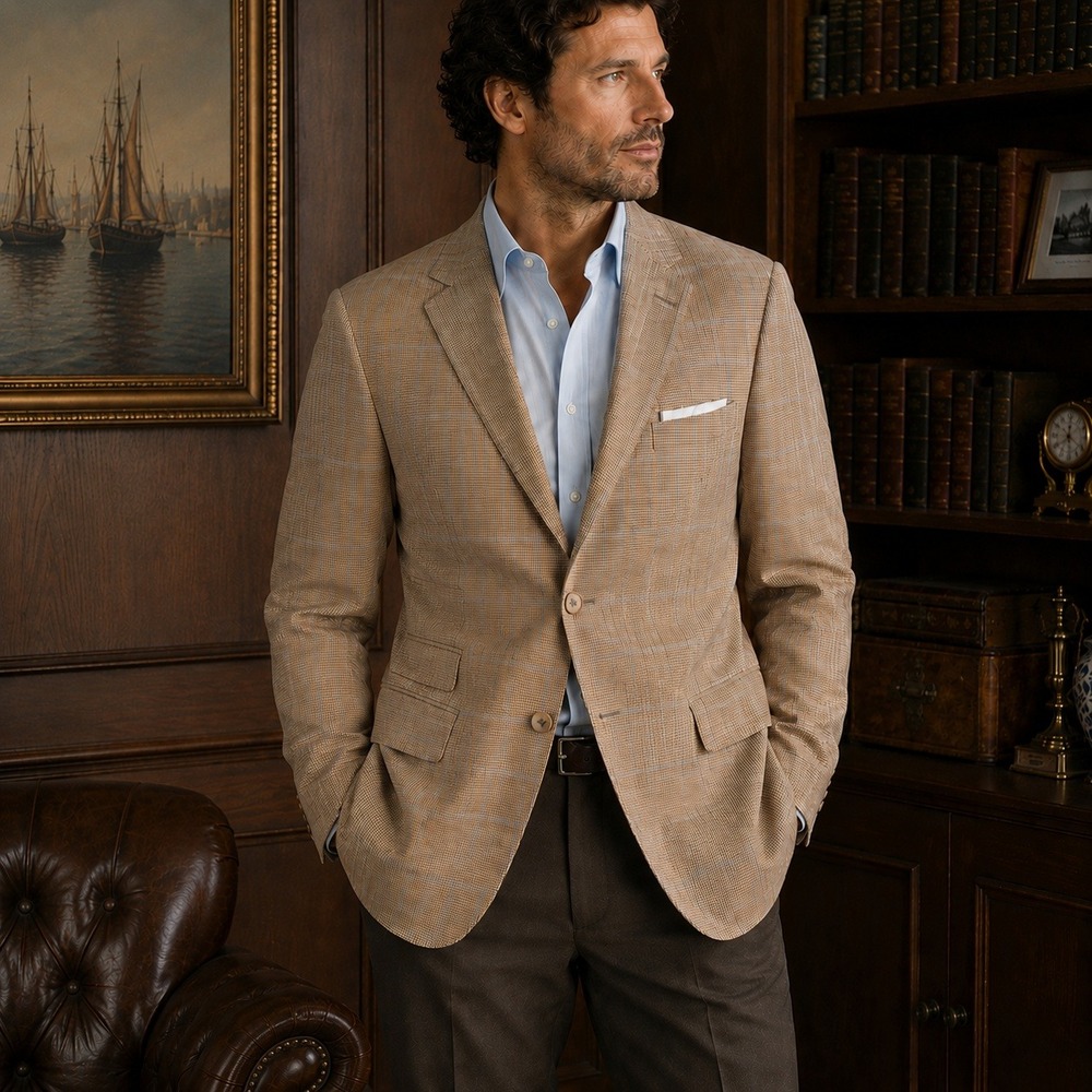 Paul Stuart Silk Wool Sport Coat Blazer Tan Micro Check Men's 44 Long Luxury